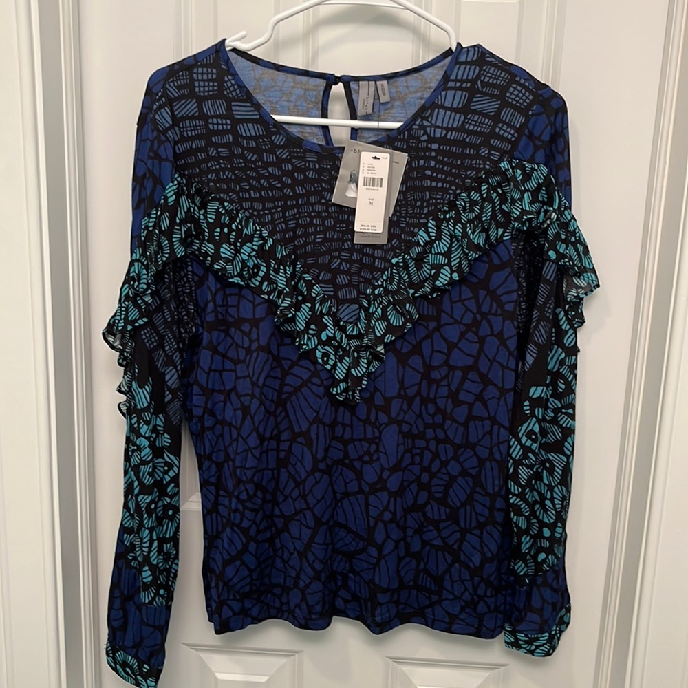 NWT Blank london Women’s blouse - Black/Turquoise/Blue Pattern with ruffles